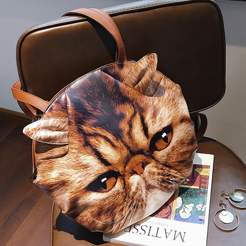  Fashion Cat Head Printed Brown PU Crossbody Bag