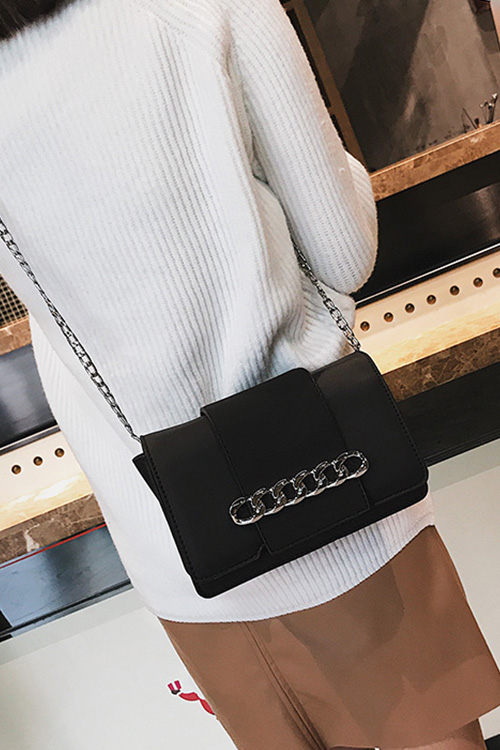  Fashion Chain Decoration Black Leather Crossbody Bag