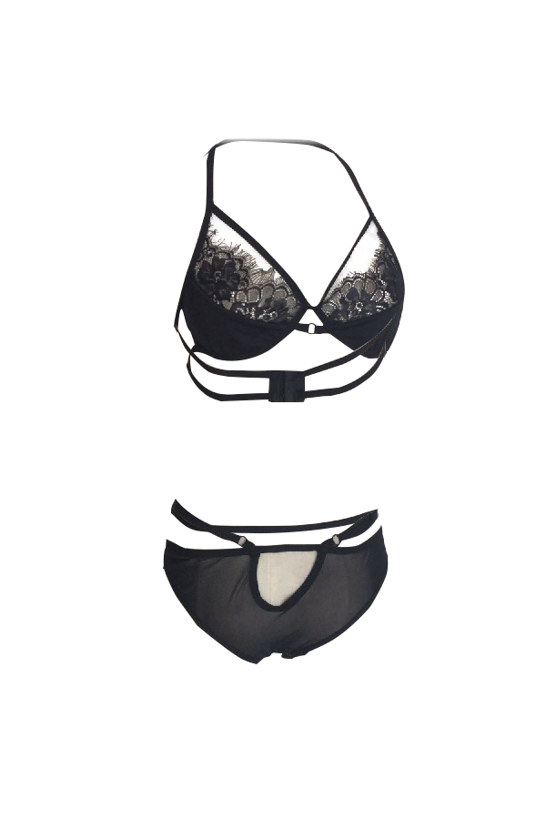  Sexy See-Through Lace Patchwork Black Spandex Bra Set