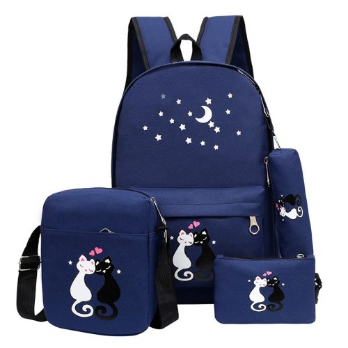 4pcs/set Women Backpack Cat Printing Canvas School Bags For Teenager Girls Preppy Style Rucksack Cute Book Bag Mochila Feminina