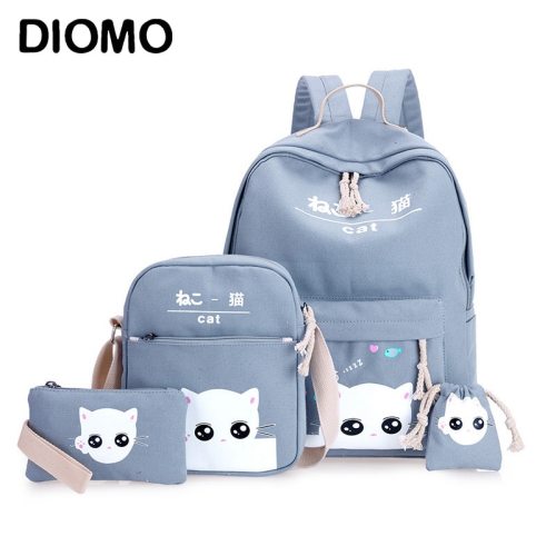 DIOMO 4pcs/Set Laptop School Backpacks for Girls Boys Teenagers Female Bagpack Sac A Dos Femme Cute Cat Canvas Satchel Kids