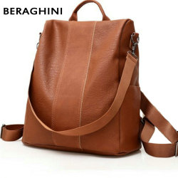 BERAGHINI Retro Women Leather Backpack College Preppy School Bag for Student Laptop Girls Ladies Daily Back Pack Shop Trip