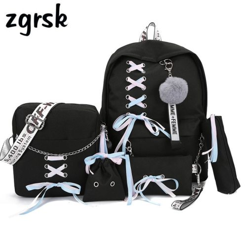 Chain USB Backpack Women Canvas 3pcs/set Women Backpack Teenager Girls Backpacks Shoulder Bag Female Student School Bags Tassel