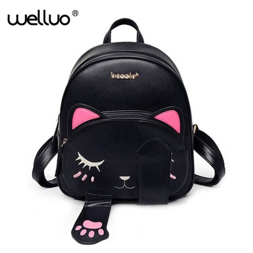 Cute Cat Backpack School Women Pu Leather Backpacks for Teenage Girls Funny Cats Ears Canvas Shoulder Bags Female Mochila XA531B