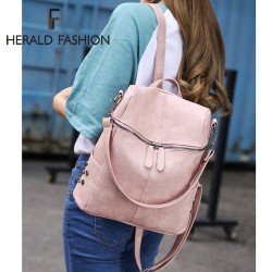 Herald Fashion Women Backpack Quality Leather School Bags For Teenager  Girls Large School Backpack Vintage Solid Shoulder Bags