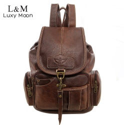 Vintage Women Backpack for Teenage Girls School Bags Large Drawstring Backpacks High Quality PU Leather Black Brown Bag XA658H