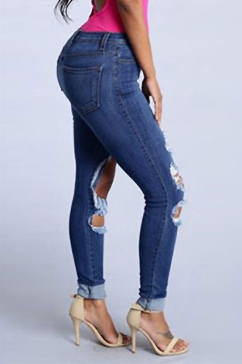 Euramerican High Waist Broken Holes Blue Denim Pants