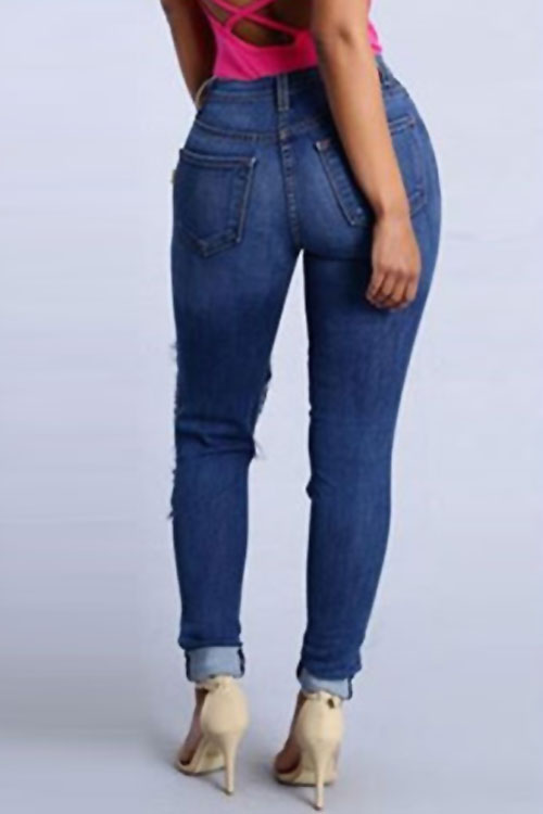  Euramerican High Waist Broken Holes Blue Denim Pants