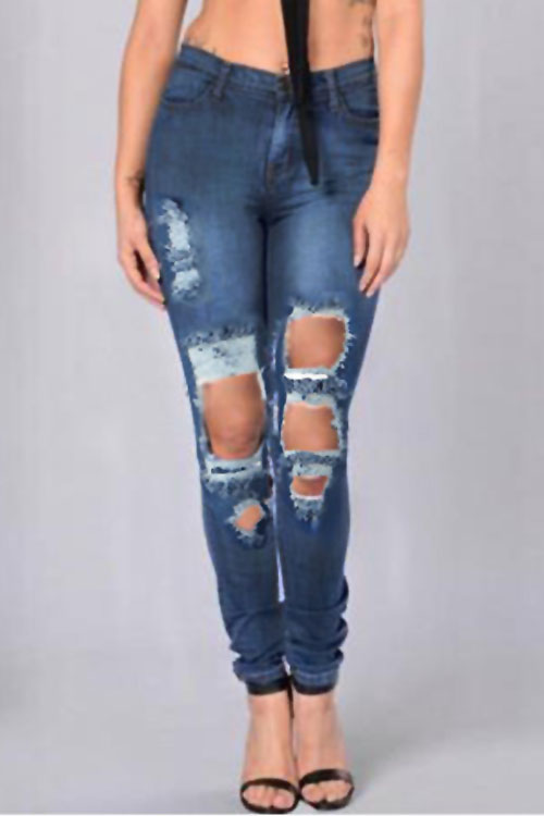  Euramerican High Waist Broken Holes Deep Blue Denim Pants