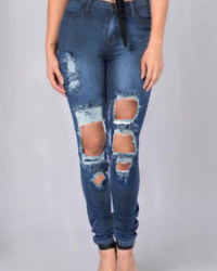  Euramerican High Waist Broken Holes Deep Blue Denim Pants