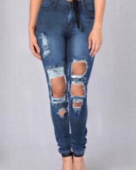  Euramerican High Waist Broken Holes Deep Blue Denim Pants