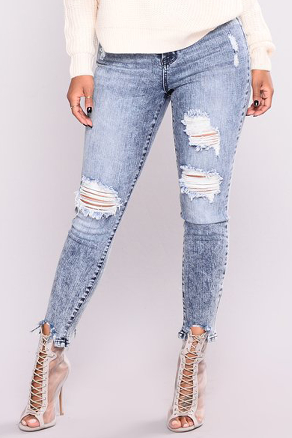  Euramerican High Waist Broken Holes Zipper Design Dark Blue Denim Pants