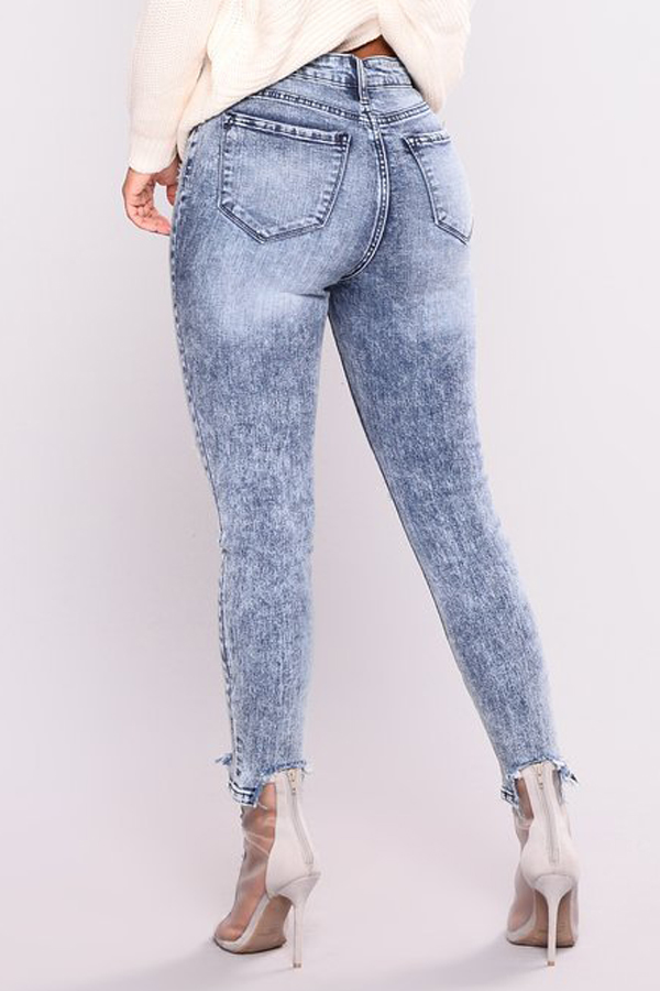  Euramerican High Waist Broken Holes Zipper Design Dark Blue Denim Pants