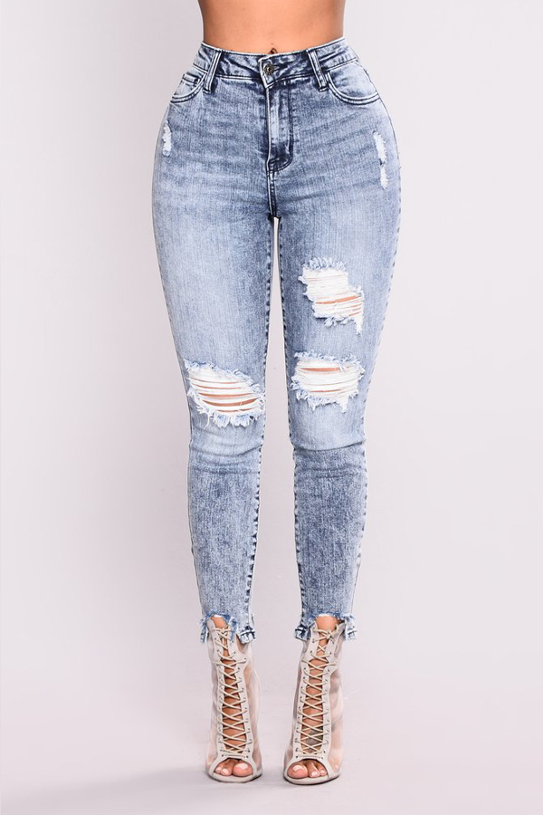  Euramerican High Waist Broken Holes Zipper Design Dark Blue Denim Pants