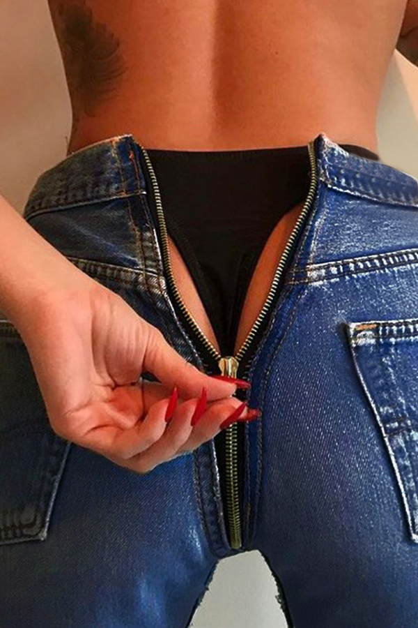  Euramerican High Waist Zipper Design Deep Blue Denim Jeans