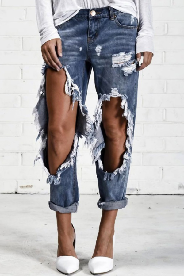  Euramerican Mid Waist Broken Holes Blue Denim Pants Jeans