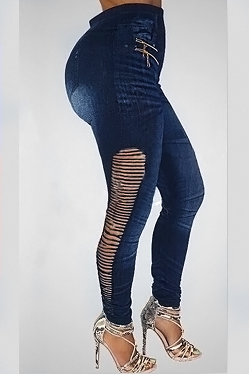  Fashion High Waist Zipper Decoration Broken Holes Dark Blue Denim Pants