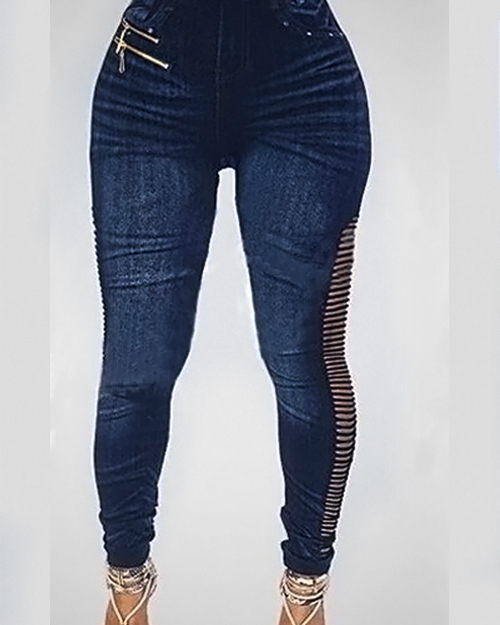 Fashion High Waist Zipper Decoration Broken Holes Dark Blue Denim Pants Fashion High Waist Zipper Decoration Broken Holes Dark Blue Denim Pants