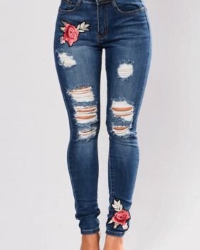  Fashion Mid Waist Broken Holes Embroidered Design Dark Blue Denim Pants