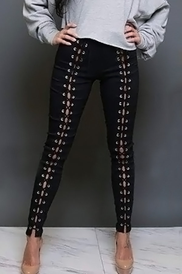  Fashionable High Waist Lace-up Hollow-out Black Denim Pants