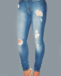  Fashionable Mid Waist Broken Holes Blue Denim Zipped Pants