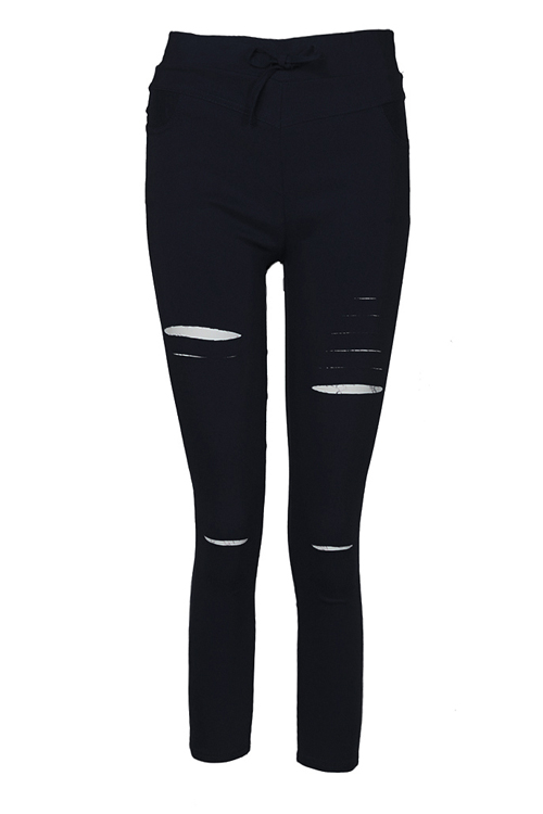  Leisure Broken Holes Black Cotton Skinny Ninth Pants