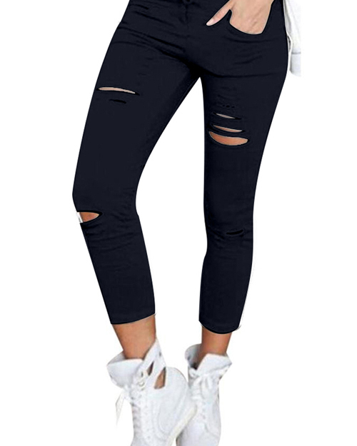 Leisure Broken Holes Black Cotton Skinny Ninth Pants Leisure Broken Holes Black Cotton Skinny Ninth Pants