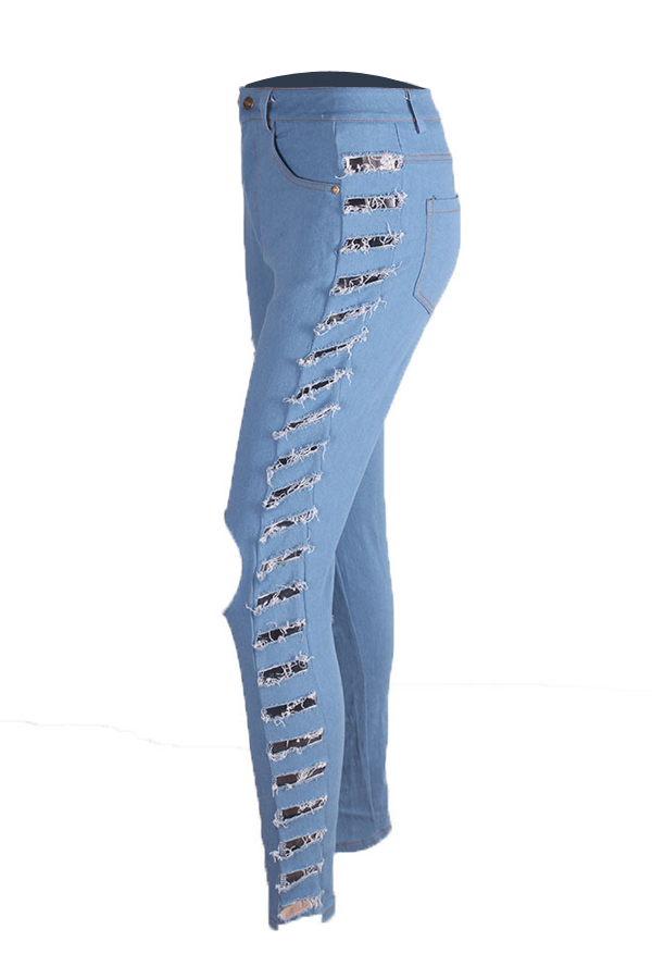  Sexy High Waist Hollow-out Light Blue Polyester Pants