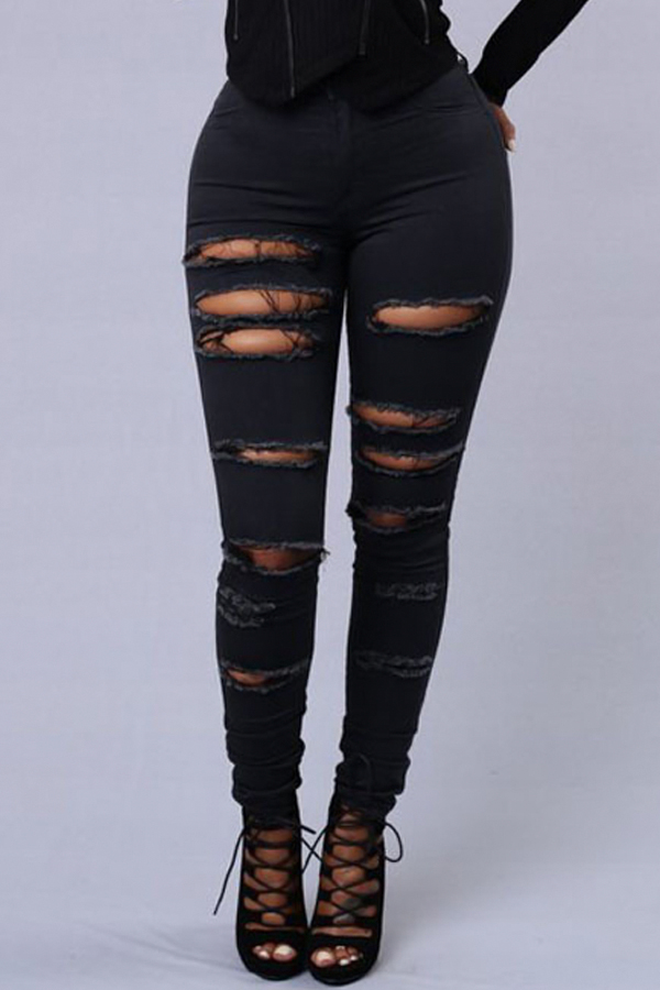  Stylish High Waist Broken Holes Black Denim Pants