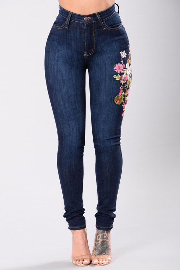  Stylish High Waist Embroidered Design Dark Blue Denim Pants