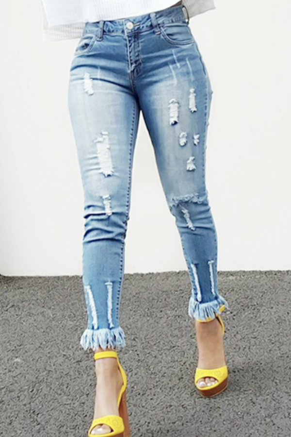  Stylish High Waist Tassel Design Blue Denim Pants