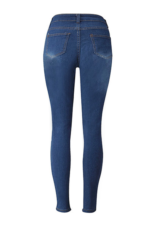  Stylish Mid Waist Broken Holes Dark Blue Denim Pants