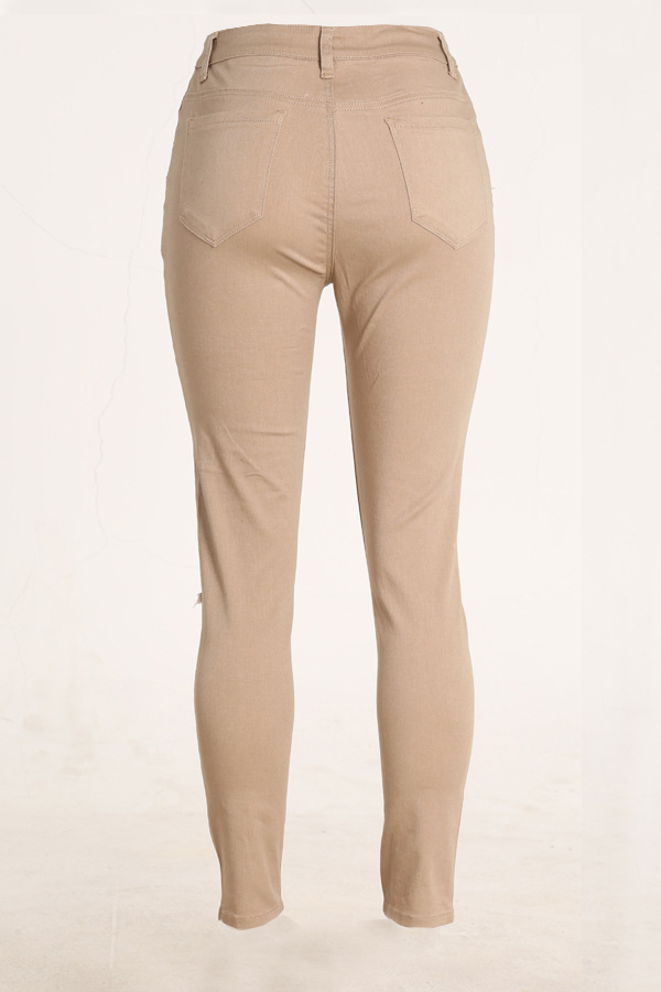  Trendy High Waist Broken Holes Apricot Denim Pants