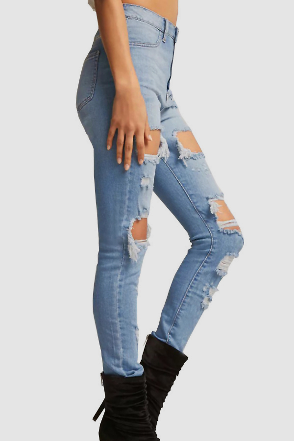  Trendy High Waist Broken Holes Baby Blue Denim Jeans