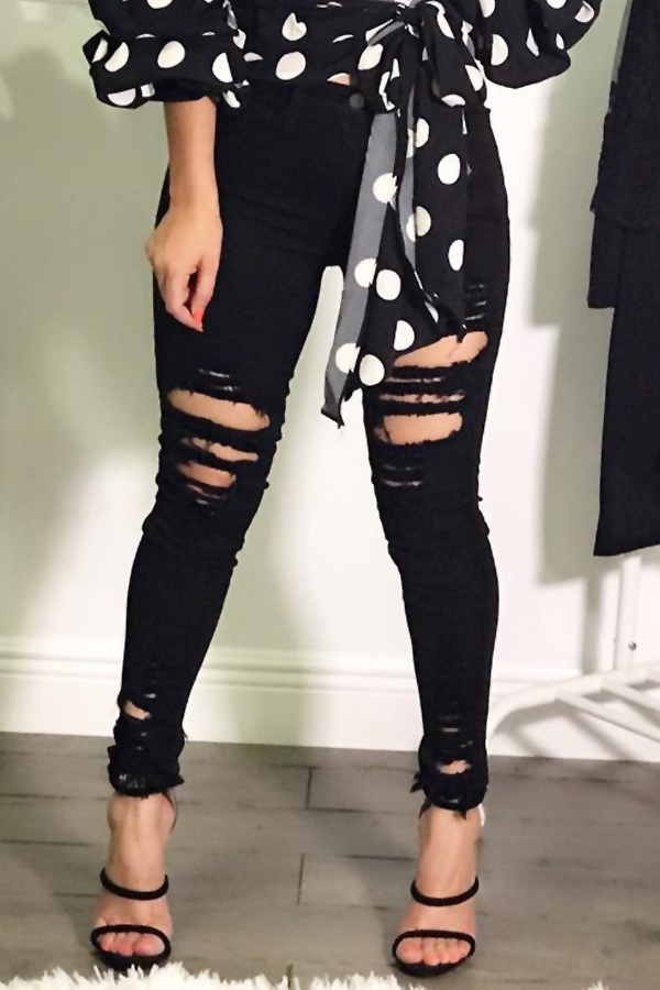  Trendy High Waist Broken Holes Black Denim Jeans