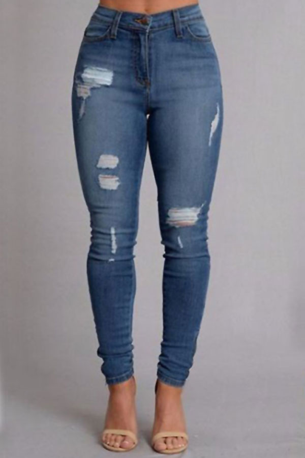  Trendy High Waist Broken Holes Deep Blue Denim Pants