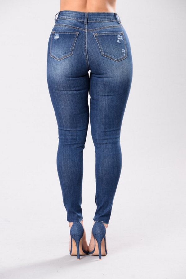  Trendy High Waist Broken Holes Deep Blue Denim Pants