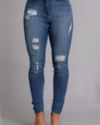  Trendy High Waist Broken Holes Deep Blue Denim Pants