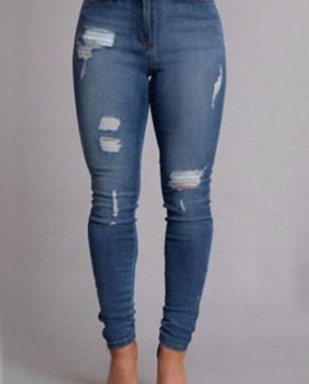  Trendy High Waist Broken Holes Deep Blue Denim Pants