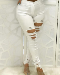  Trendy High Waist Broken Holes White Denim Jeans