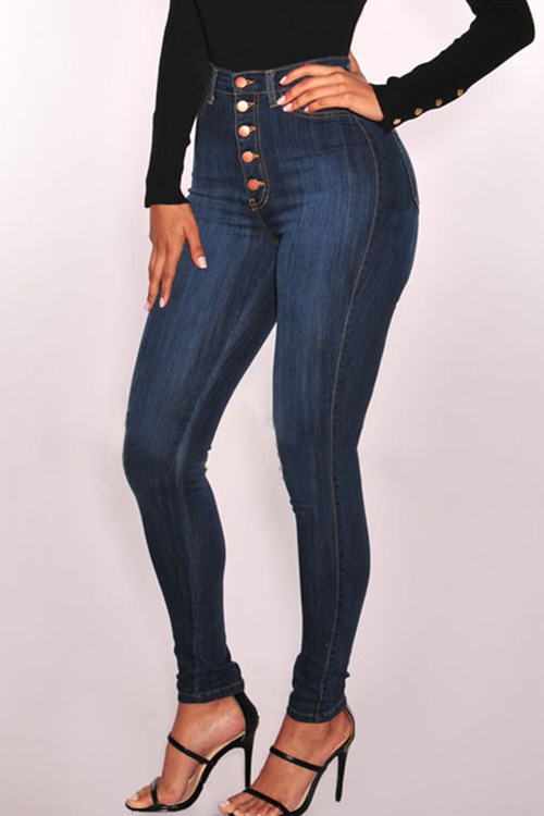  Trendy High Waist Button Design Dark Blue Denim Jeans
