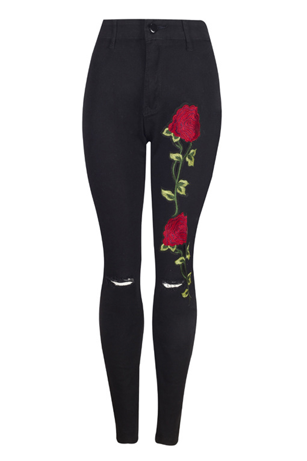  Trendy High Waist Embroidered Design Black Denim Pants 