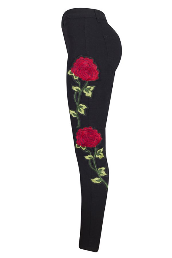  Trendy High Waist Embroidered Design Black Denim Pants 