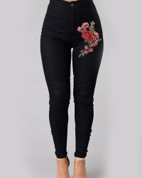 Trendy High Waist Embroidered Design Black Denim Pants Trendy High Waist Embroidered Design Black Denim Pants