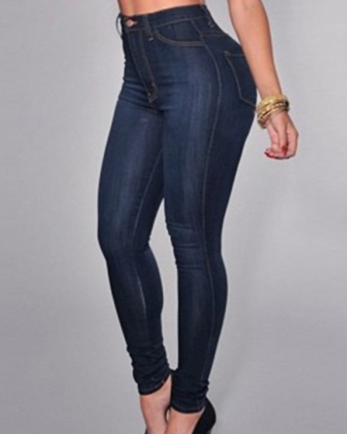Trendy High Waist Zipper Design Deep Blue Denim Jeans Trendy High Waist Zipper Design Deep Blue Denim Jeans