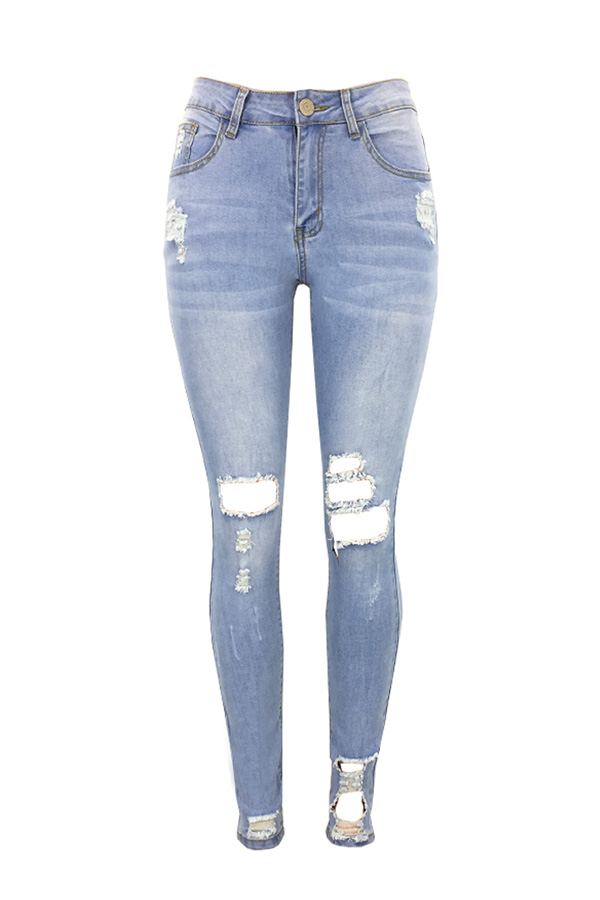  Trendy Mid Waist Broken Holes Baby Blue Denim Pants