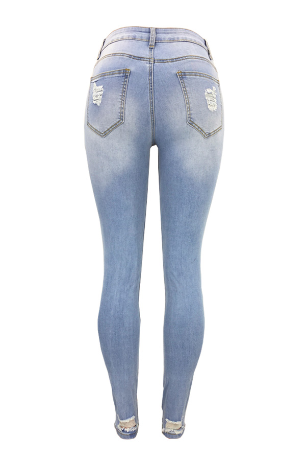  Trendy Mid Waist Broken Holes Baby Blue Denim Pants