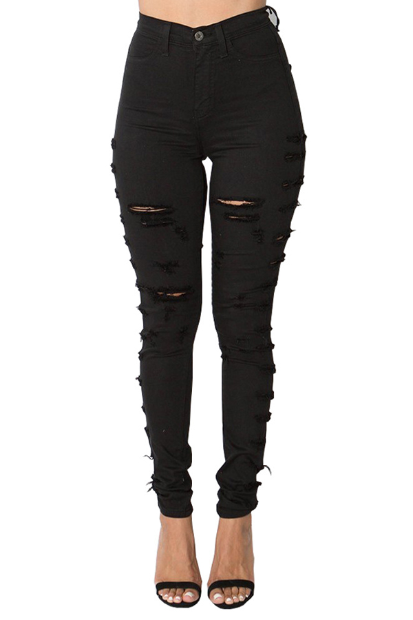  Trendy Mid Waist Broken Holes Black Denim Zipped Jeans