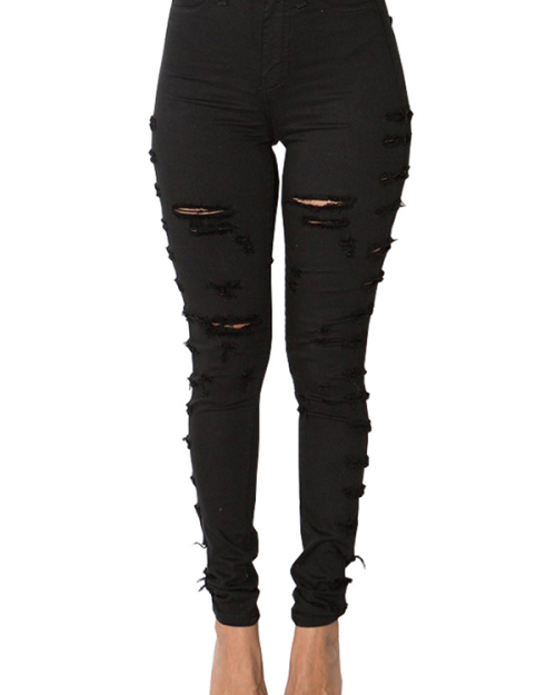 Trendy Mid Waist Broken Holes Black Denim Zipped Jeans Trendy Mid Waist Broken Holes Black Denim Zipped Jeans