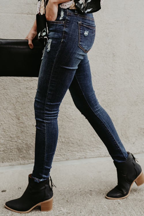  Trendy Mid Waist Broken Holes Blue Denim Jeans